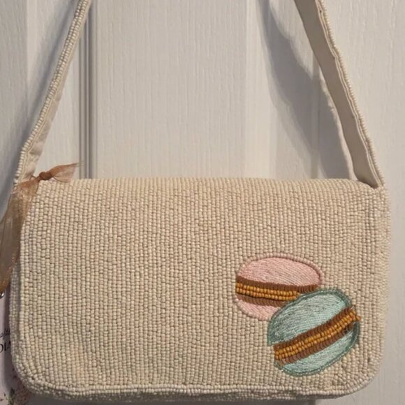 Handcrafted in India Coffee Pastry Macarons Beaded Shoulder Bag Cream NWT - Picture 4 of 6